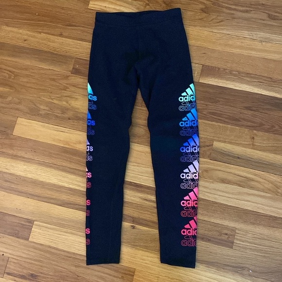 Adidas Girls Black Leggings With Colored Logos Size M - Picture 2 of 6